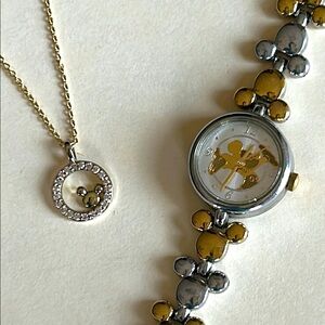 Gold and Silver Mickey Mouse Watch and Necklace Set